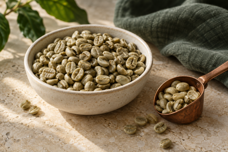 Groene koffiebonen in een keramische schaal met koperen schep