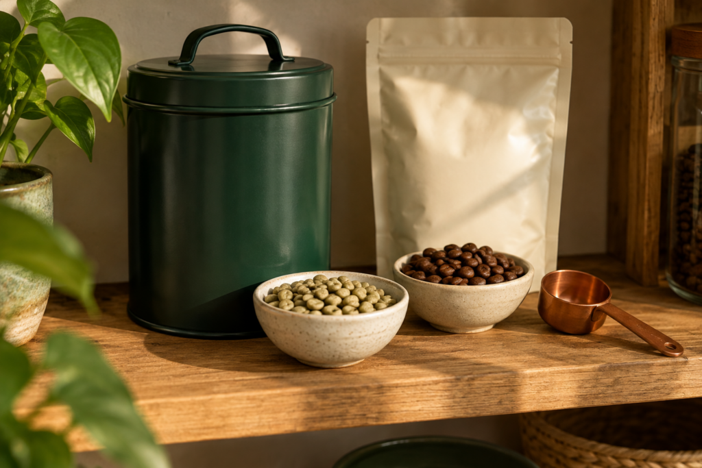 Groene en gebrande koffiebonen naast een gesloten bewaardoos