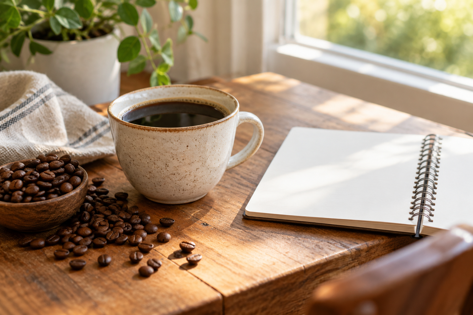 Kop koffie met gebrande bonen en een open notitieboek — AI-illustratie